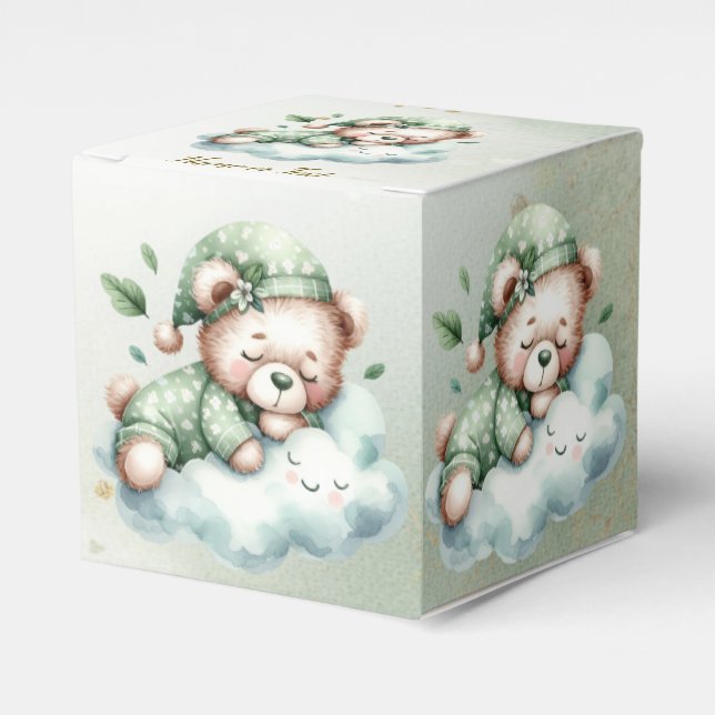Green Boho Sleeping Teddy Bear Cute Party Favor Box (Front Side)