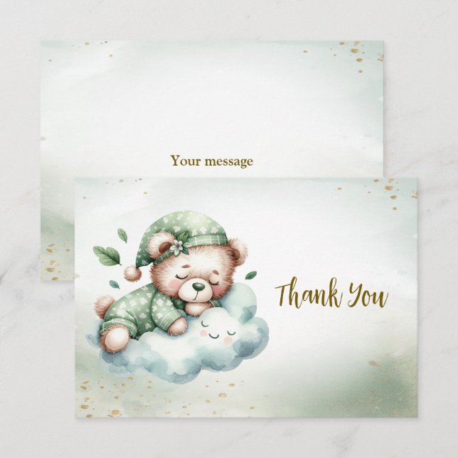 Green Boho Sleeping Teddy Bear Cute Party Thank You Card (Front/Back)