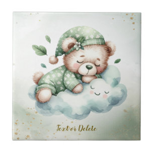 Green Boho Sleeping Teddy Bear Cute Tile
