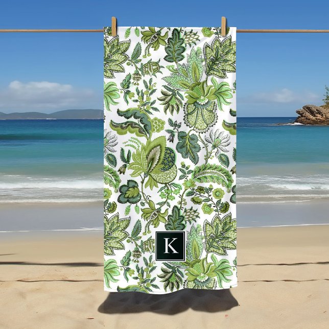 Green Boho Vintage Floral Monogram Beach Towel (Creator Uploaded)
