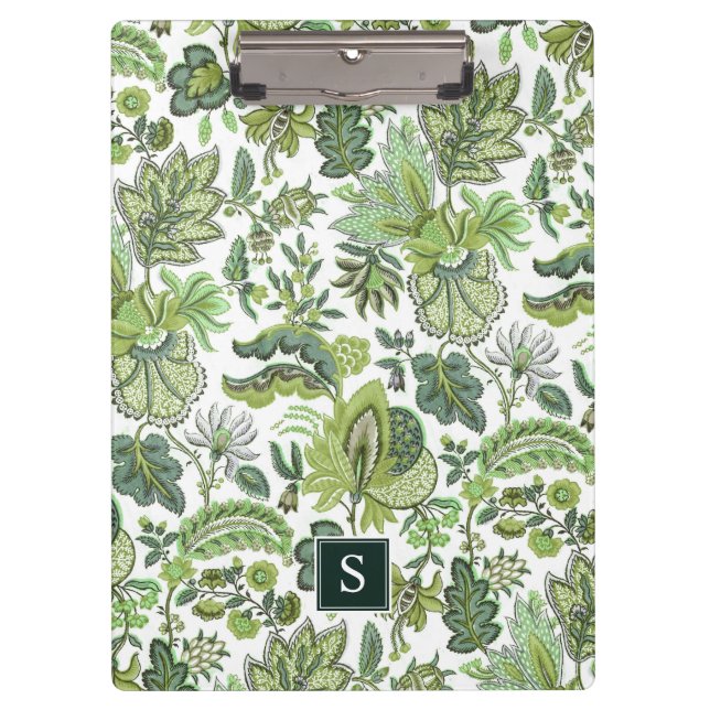 Green Boho Vintage Floral Monogram Clipboard (Front)