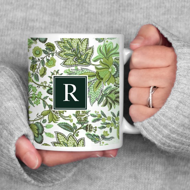 Green Boho Vintage Floral Monogram Coffee Mug (Creator Uploaded)