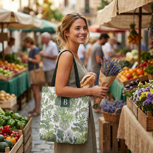 Green Boho Vintage Floral Monogram Tote Bag