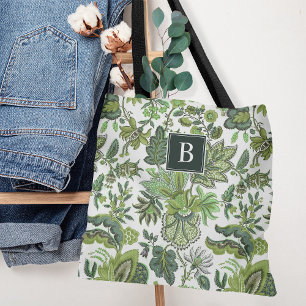 Green Boho Vintage Floral Monogram Tote Bag
