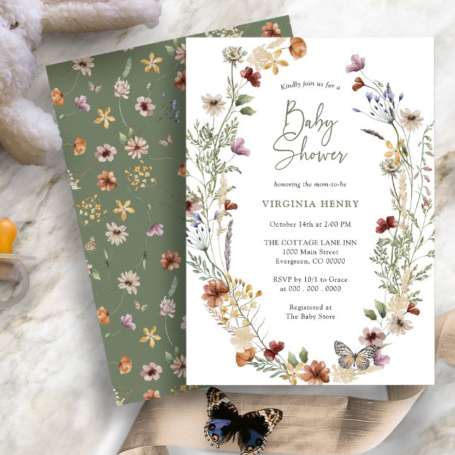 Green Boho Wildflower Baby Shower Invitation (Sage Green Boho Wildflower Baby Shower Invitation with Butterfly by Painted Paperie
)