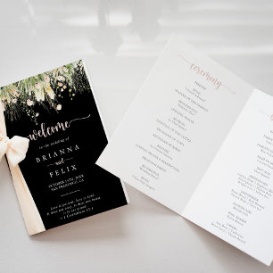 Green Boho Wildflower Black Folded Wedding Program