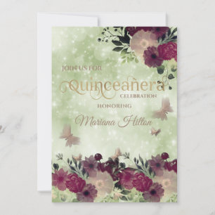 Green bokeh butterfly floral garden Quinceañera  Invitation