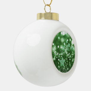 Green Bokeh Faux Glitter & Stars Ceramic Ball Christmas Ornament