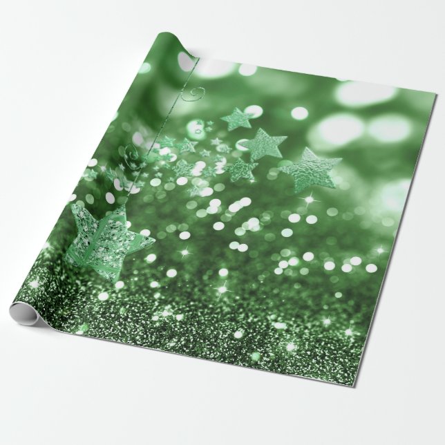 Green Bokeh Faux Glitter & Stars Wrapping Paper (Unrolled)