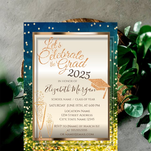 Green Bokeh,Glitter Grad Cap,Glass Graduation Invitation (Creator Uploaded)