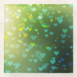 Green Bokeh Hearts Valentine's Day Spring Glass Coaster