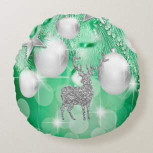 Green Bokeh Ornament Balls Silver Reindeer Round Pillow