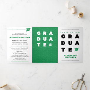 Green Bold GRADUATE Letters and Cap Graduation Tri-Fold Announcement