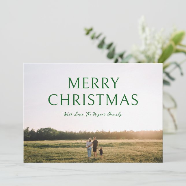 Green Bold Typography Photo Elegant Christmas Holiday Card (Standing Front)