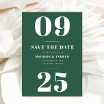 Green Bold Typography Save the Date<br><div class="desc">Elegant, modern save the date card featuring your numeric wedding date in bold white lettering against a dark green background. Personalize the trendy save the date cards by adding your names, wedding date, and wedding location in bold white letters. The card reverses to feature a unique, hand-drawn chevron pattern in...</div>