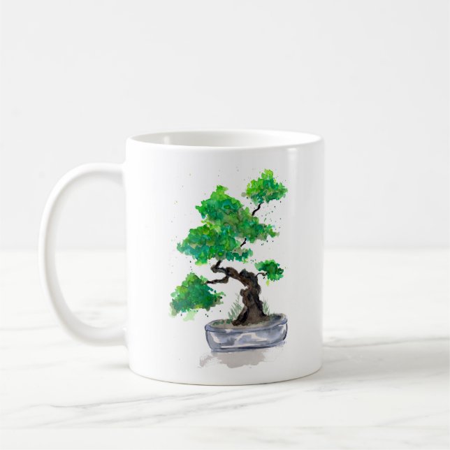 Green Bonsai Watercolor Coffee Mug (Left)