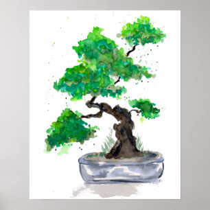 Green Bonsai Watercolor Poster Print