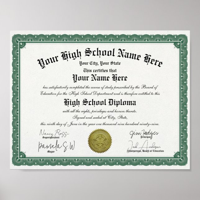 Green Border High / Home School Diploma Poster (Front)