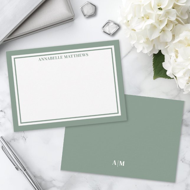 Green Border Minimalist Name Monogram Card (Green Border Minimalist Name Monogram Note Card)