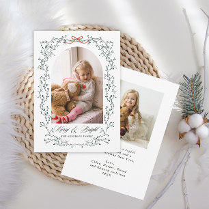 Green Botanical Bow Merry & Bright 2 Photo Holiday Card
