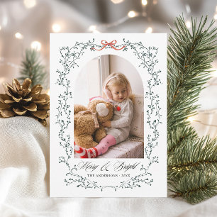 Green Botanical Bow Merry & Bright Photo Holiday Card