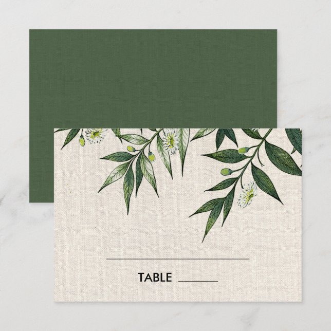 Green Botanical Burlap Wedding Table Place Cards (Front/Back)