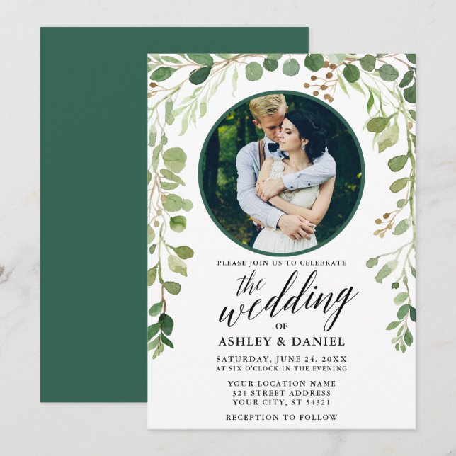 Green Botanical Calligraphy Photo Wedding Invitation (Front/Back)