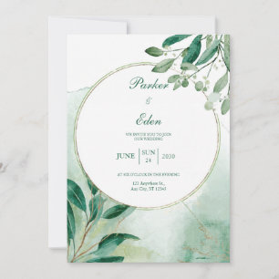 Green Botanical Circle Watercolor Wedding Invitation