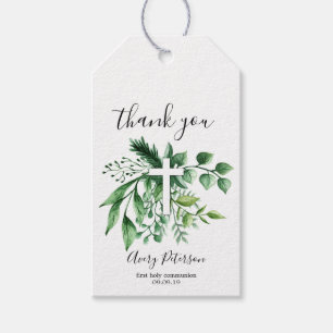 Green Botanical Cross First Holy Communion Gift Tags