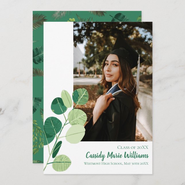 Green Botanical Elegant Graduation Announcement (Front/Back)