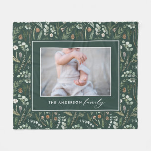Green botanical elegant modern family photo fleece blanket
