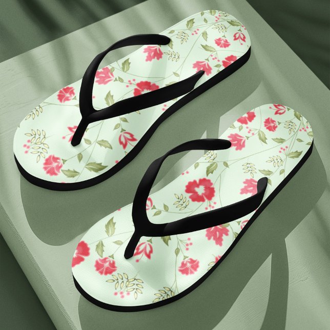 Green Botanical Floral Pattern Flip Flops (Flip flops summer sandals floral pattern.)