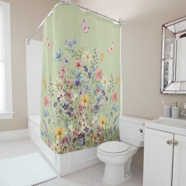 Green Botanical Floral Shower Curtain (In Situ)