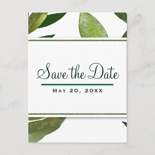 Green Botanical Glam Plant Leaves Save the Date Announcement Postcard (Front)