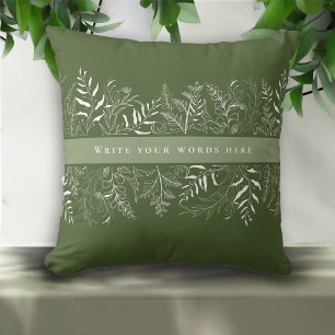 Green Botanical Leaf Frame Custom Text Throw Pillow