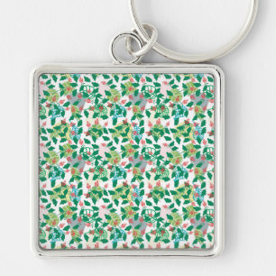 Green Botanical Leaf Pattern with Red Flowers Keychain