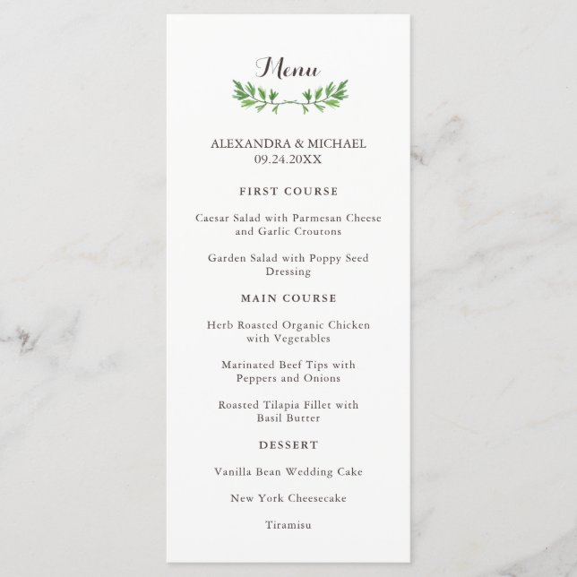 Green Botanical Leaves Wedding Menu (Front)