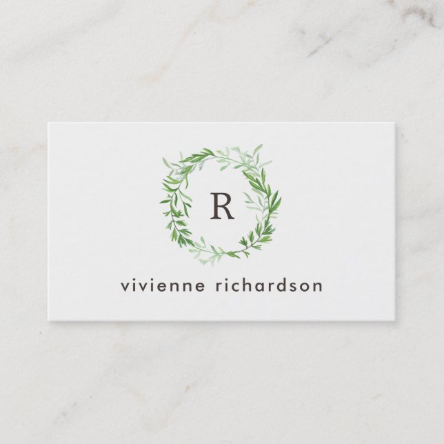 Green Botanical Leaves Wreath and Monogram Business Card (Front)