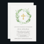 Green Botanical Leaves Wreath Baptism Invitation<br><div class="desc">This elegant botanical baptism invitation features a green wreath of leaves surrounding a faux gold cross,  on a clean white background. We have used art from LABFcreations.</div>