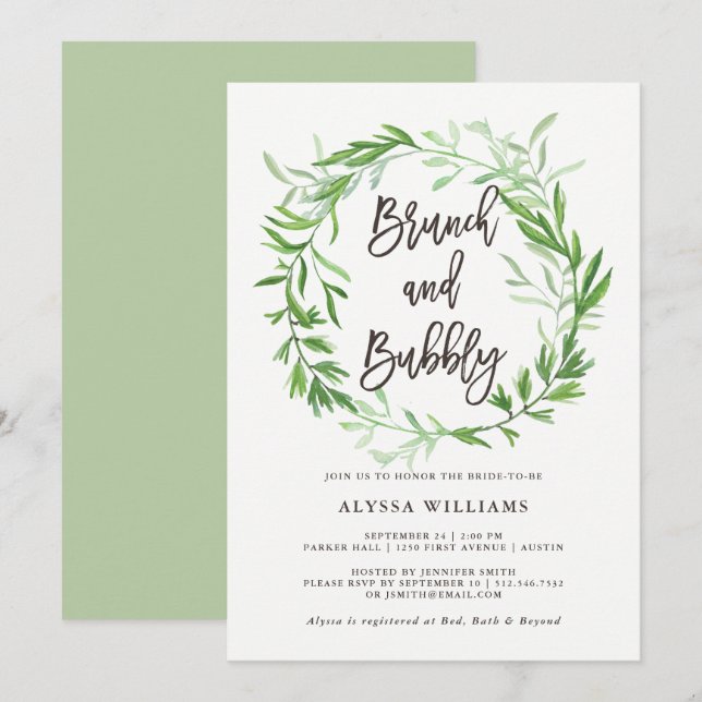 Green Botanical Leaves Wreath Brunch and Bubbly Invitation (Front/Back)