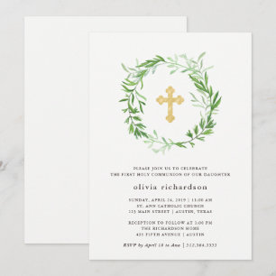 Green Botanical Leaves Wreath First Holy Communion Invitation