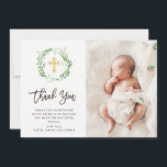 Green Botanical Leaves Wreath | Photo Baptism Thank You Card<br><div class="desc">This elegant botanical baptism or christening thank you card features a green wreath of leaves surrounding a faux gold cross,  on a clean white background. Add your baby's photo. We have used art from LABFcreations.</div>