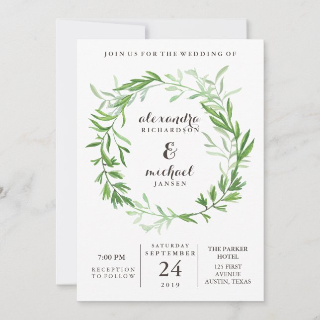 Green Botanical Leaves Wreath Wedding Invitation (Front)