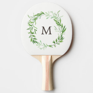 Green Botanical Leaves Wreath with Monogram Ping Pong Paddle