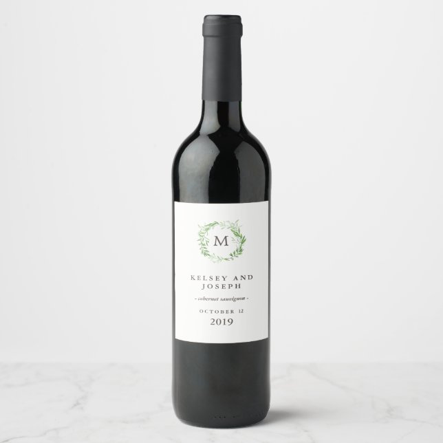 Green Botanical Leaves Wreath with Monogram Wine Label (Front)
