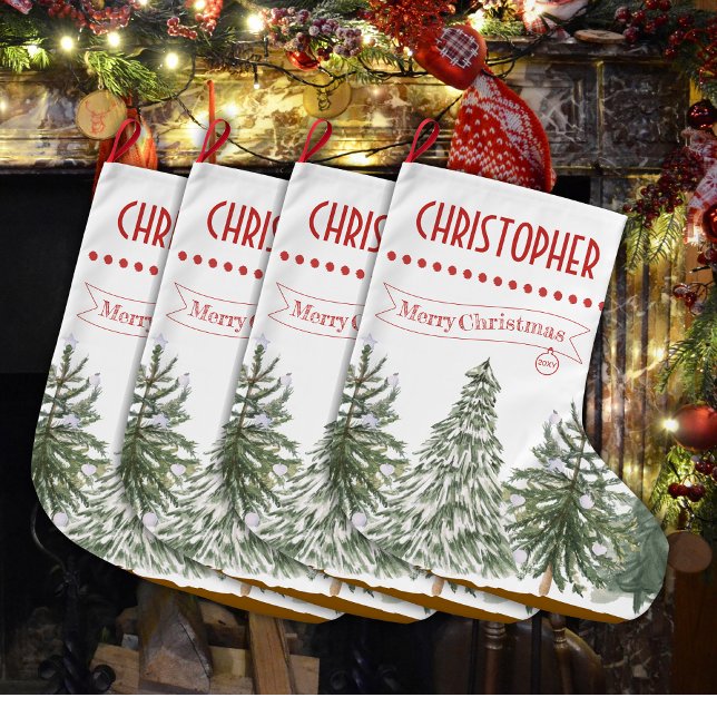 Green Botanical Merry Christmas Personalized Name Large Christmas Stocking (Creator Uploaded)