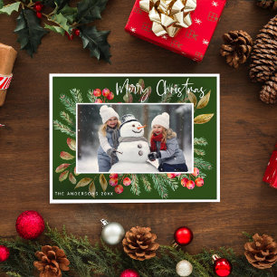 Green Botanical Merry Christmas Photo  Holiday Postcard