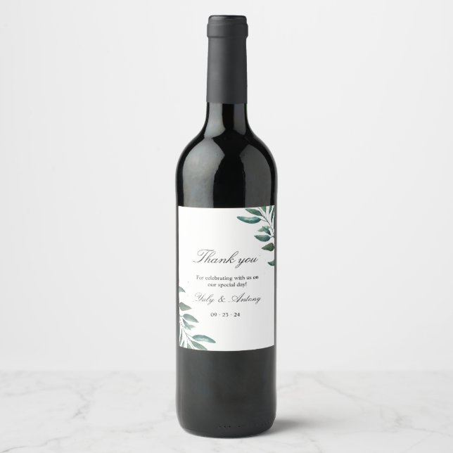 Green Botanical Minimalistic Modern Wedding Wine Label (Front)