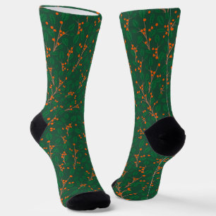 Green Botanical Orange Berry Christmas Socks