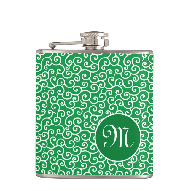 Green Botanical Spiral Vine Karakusa Pattern Hip Flask (Front)